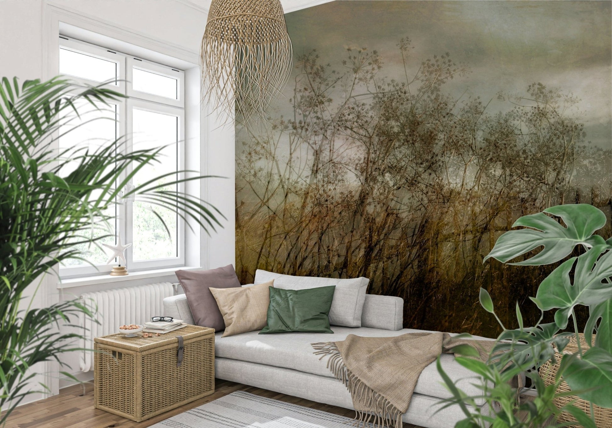 A contemplative misty garden wallpaper mural for a feature wall.