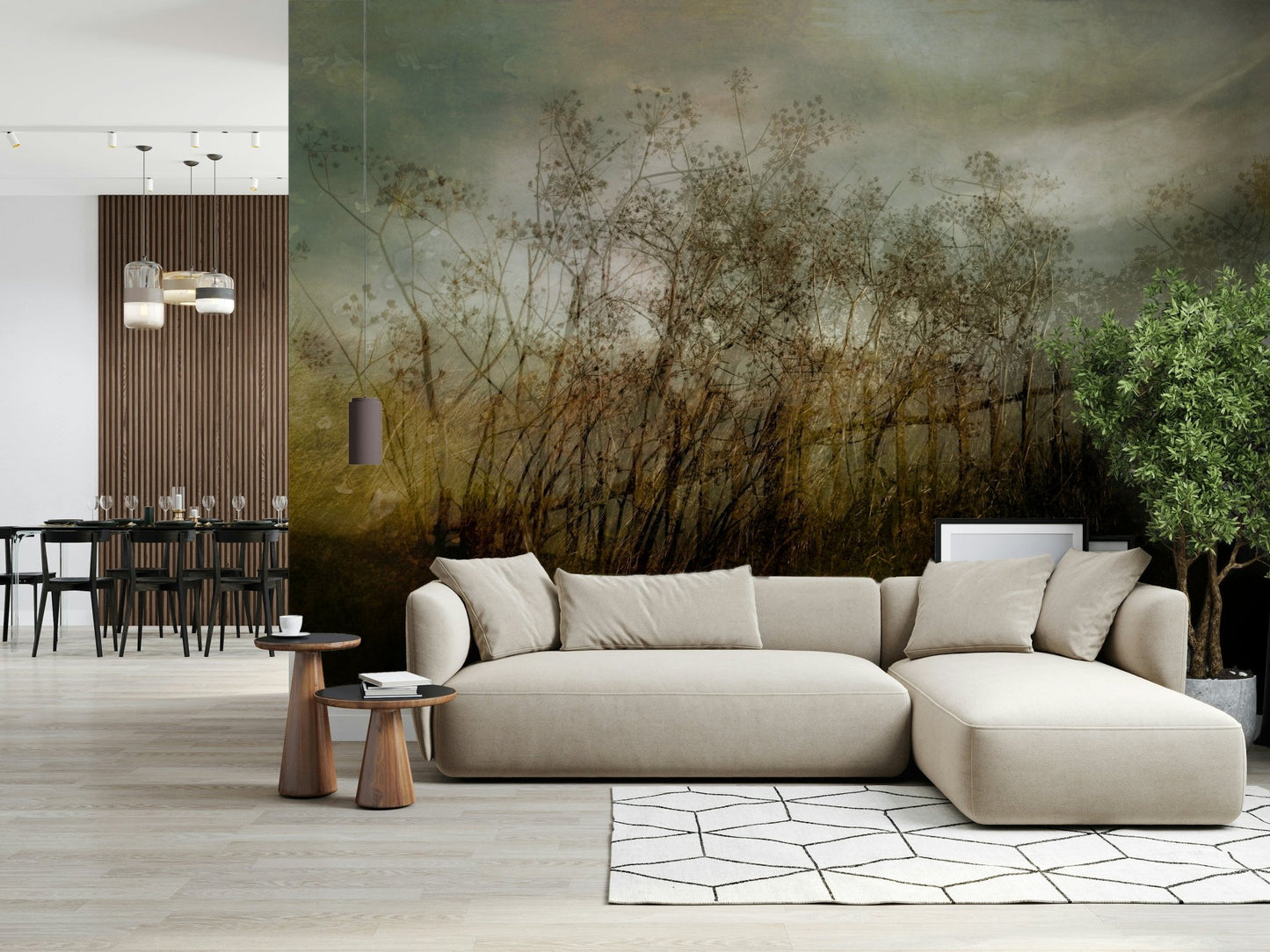 A serene subtle foliage wall mural for moody decor.