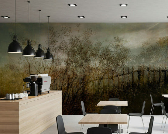 A beautiful dark floral wallpaper mural with an overgrown, hazy effect., GD5609
