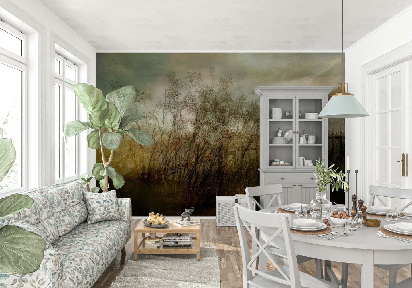 A beautiful modern art wall mural of delicate leaves.