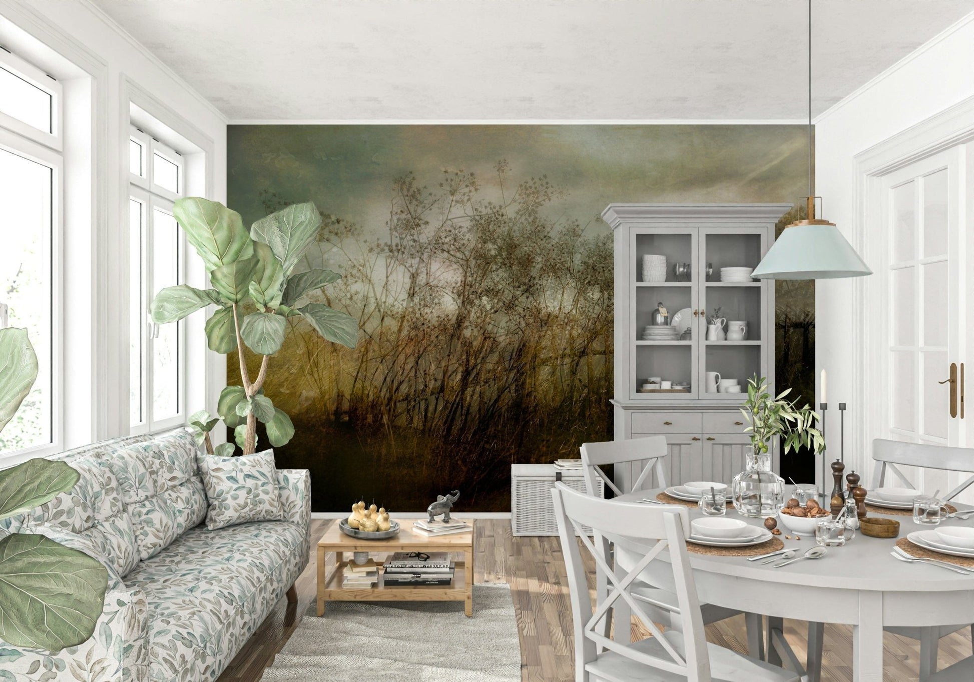 A beautiful modern art wall mural of delicate leaves.