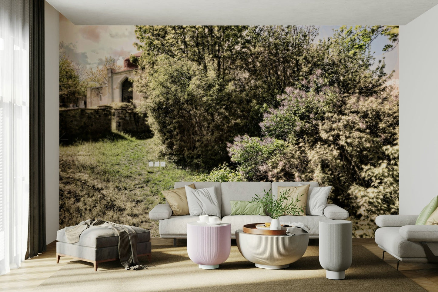 Lush green foliage bordering a path.

