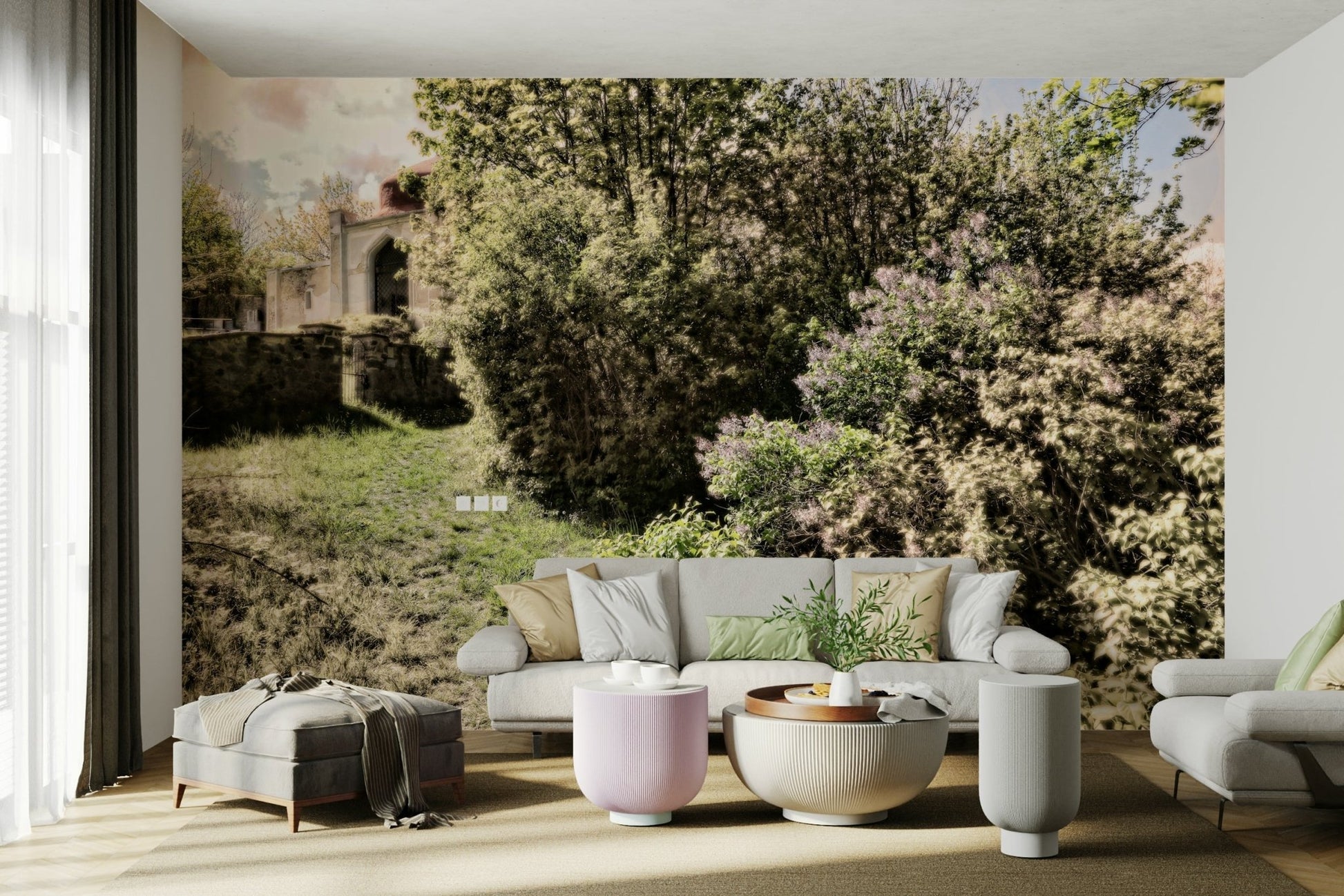 Lush green foliage bordering a path.

