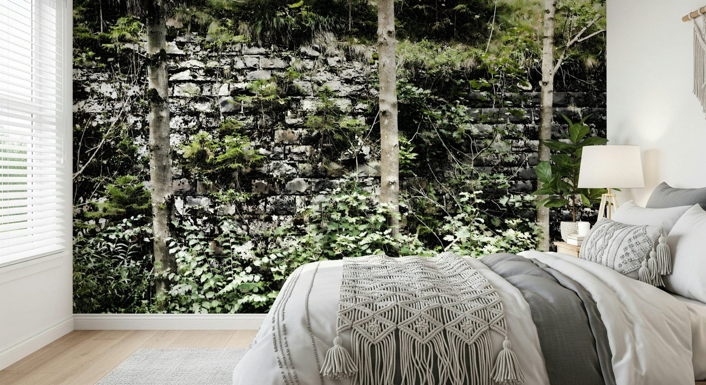 Overgrown Serenity wallpaper mural with soft green tones in a guest suite.