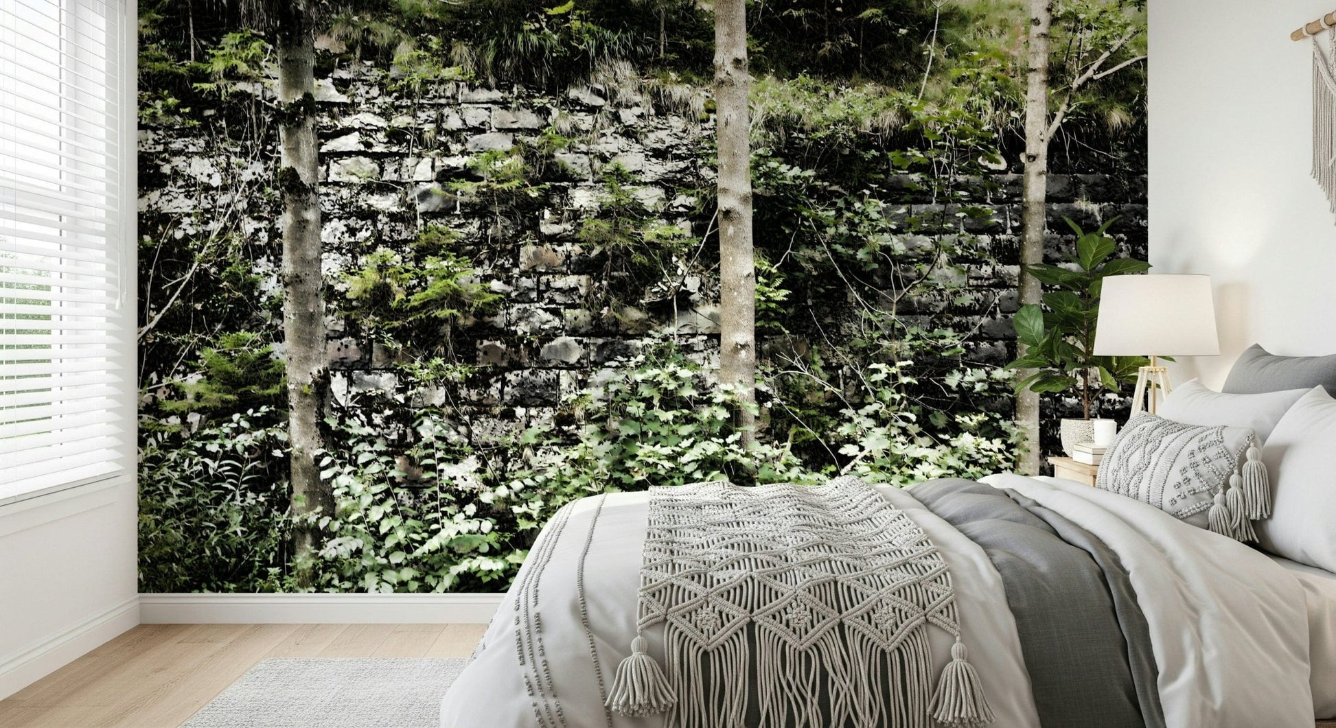 Overgrown Serenity wallpaper mural with soft green tones in a guest suite.