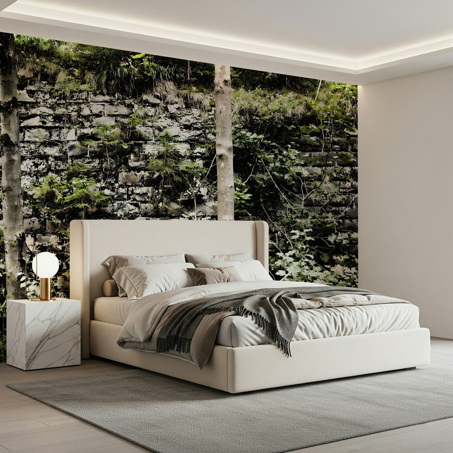 Nature's Embrace of Abandoned Stone Walls wallpaper for a rustic bedroom.