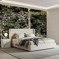 Nature's Embrace of Abandoned Stone Walls wallpaper for a rustic bedroom.