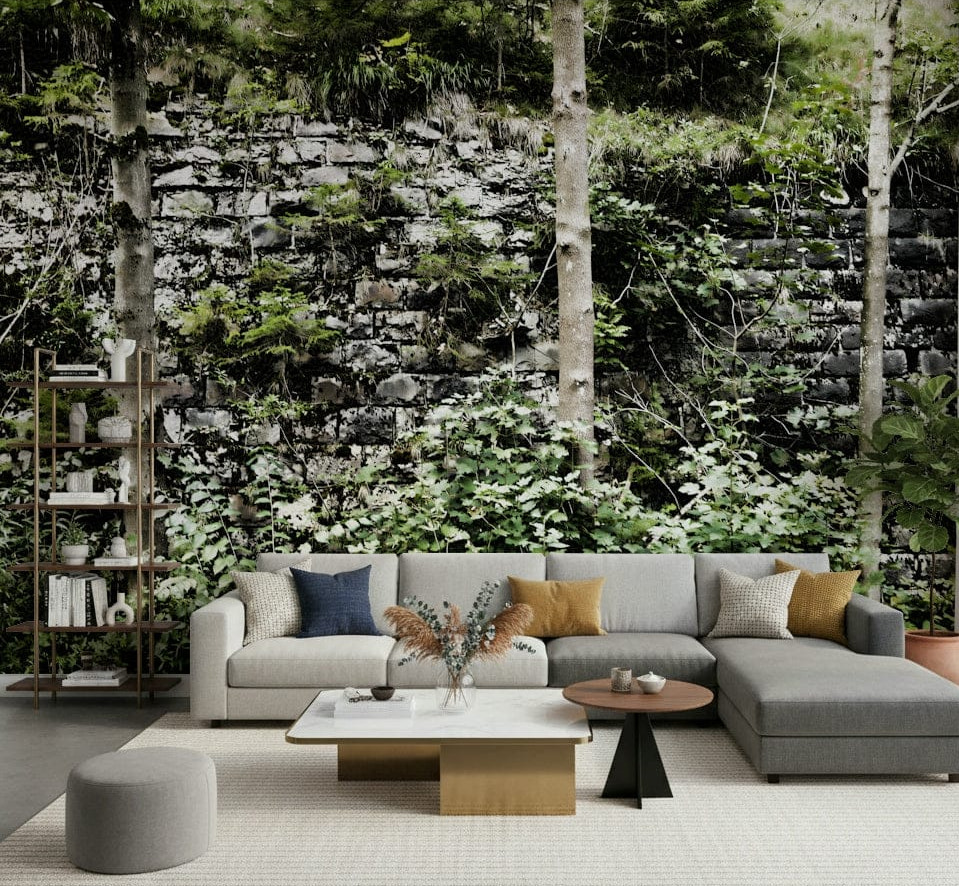 Detailed mossy stone wallpaper mural for a serene dining area wall.