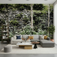 Detailed mossy stone wallpaper mural for a serene dining area wall.