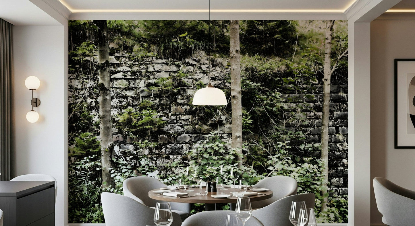 Botanical stone wall mural featuring ivy for a contemporary home office.