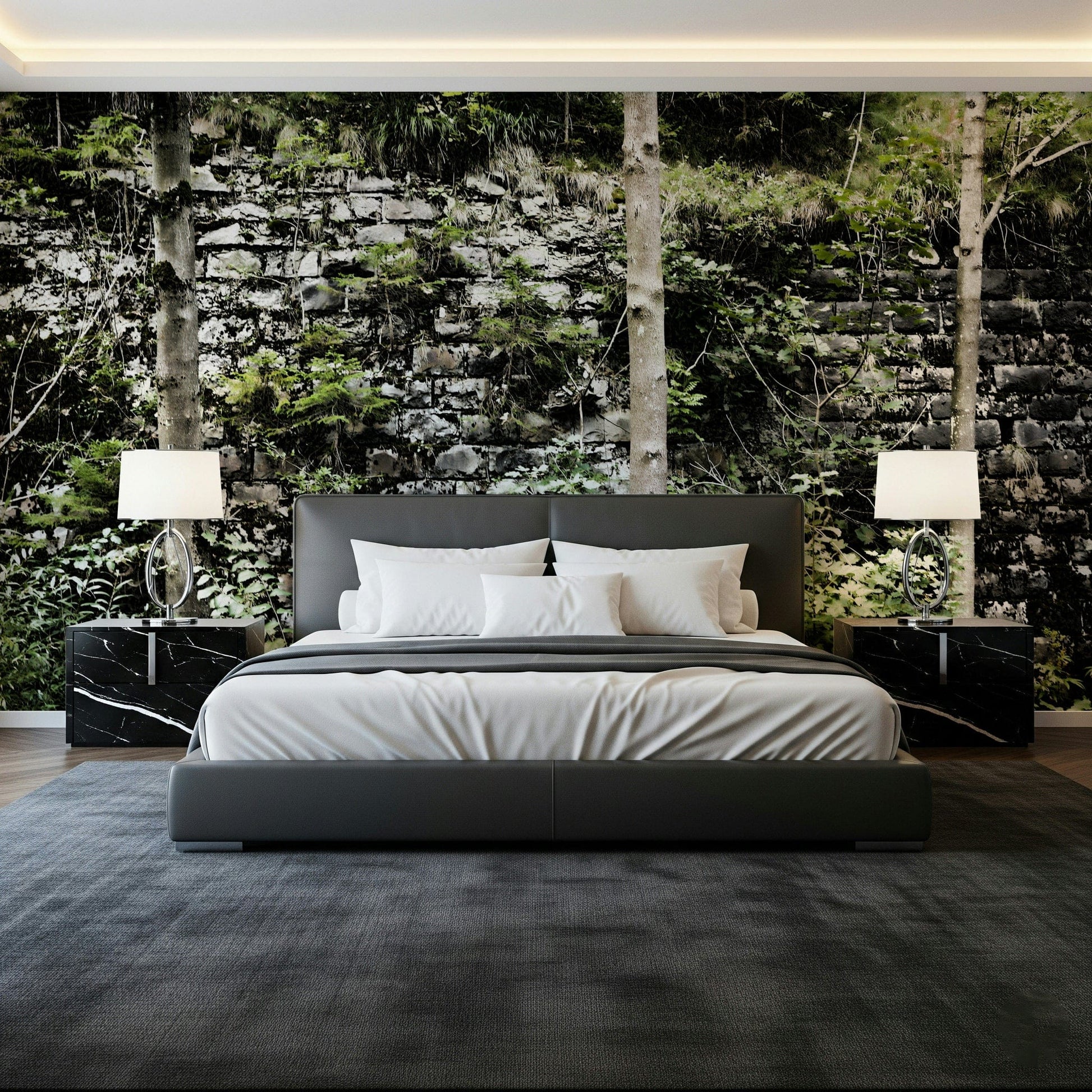 Nature inspired stone wallpaper mural for a sophisticated hallway design.