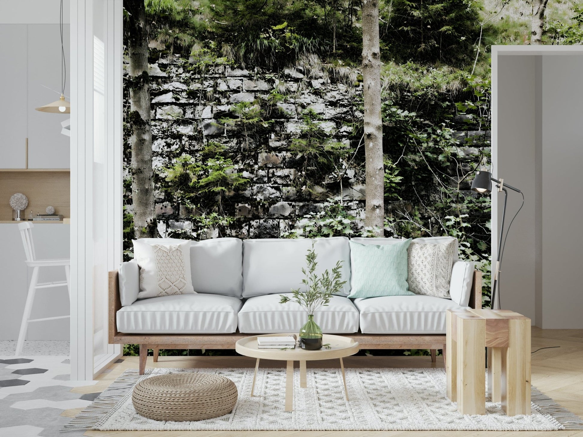 Abandoned ruins wall mural with lush foliage in a minimalist apartment.
