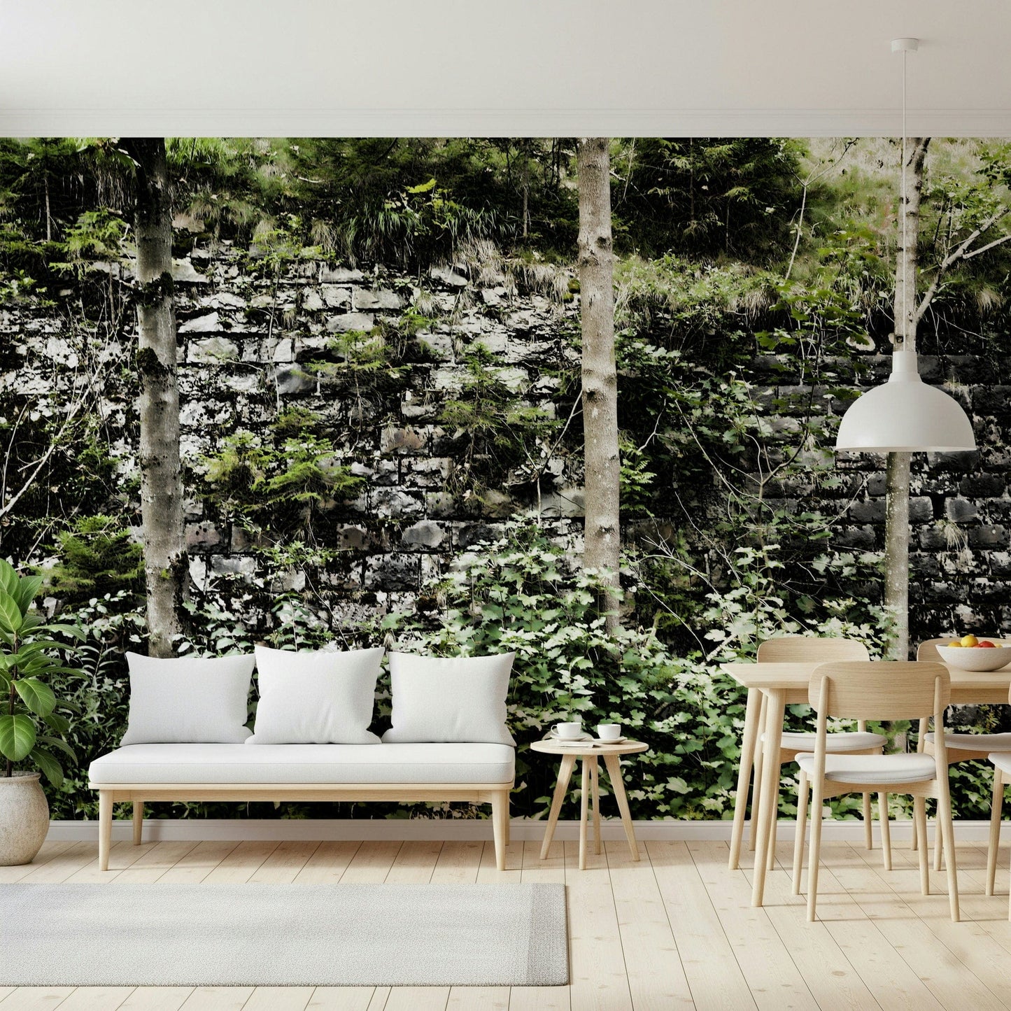 Overgrown Serenity wallpaper used as a textured feature wall in a lounge.