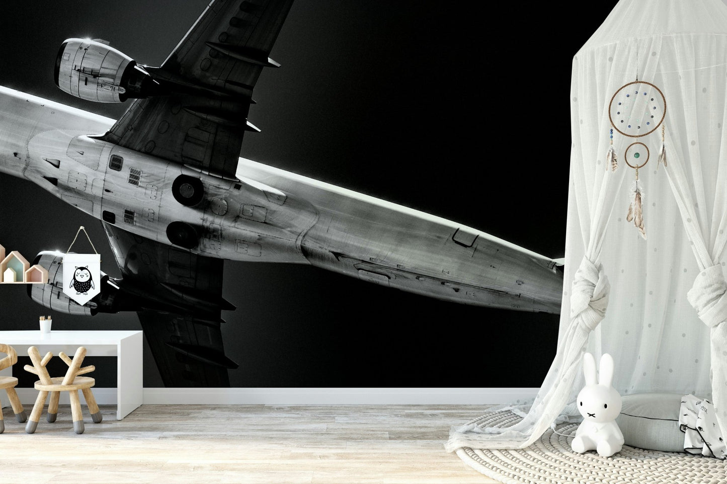 A low-angle view of a jet soars across this wall mural GD4942
