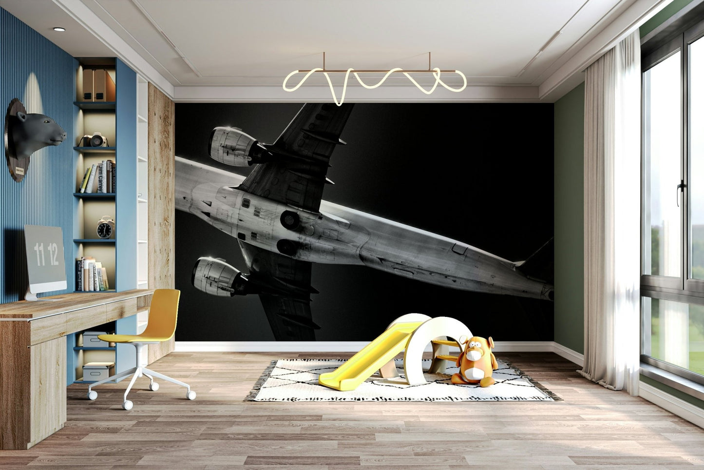 A jet's wide wings stretch overhead against dark sky in this wall mural GD4942
