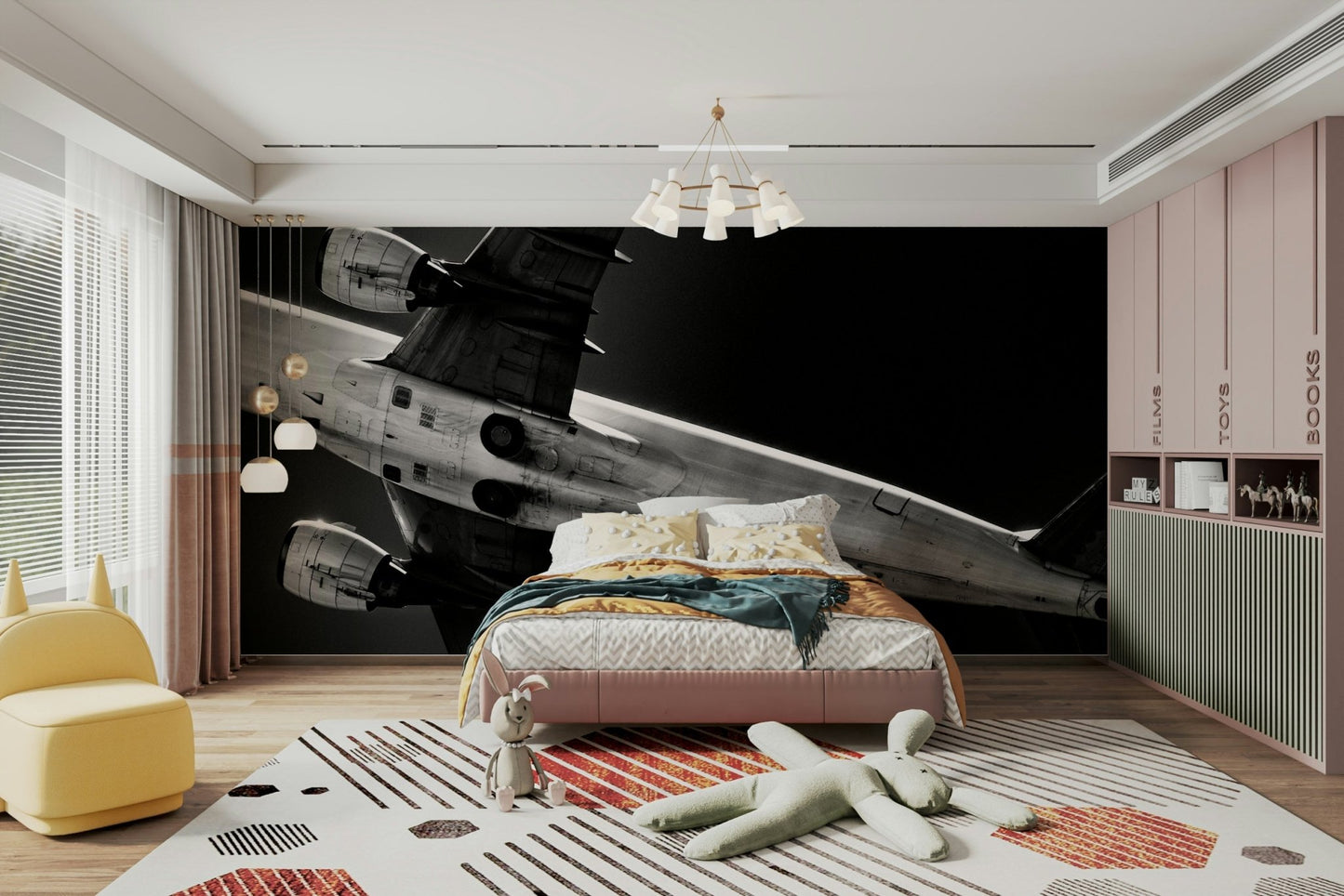 Silvery highlights trace the aircraft's frame on the Overhead wall mural GD4942

