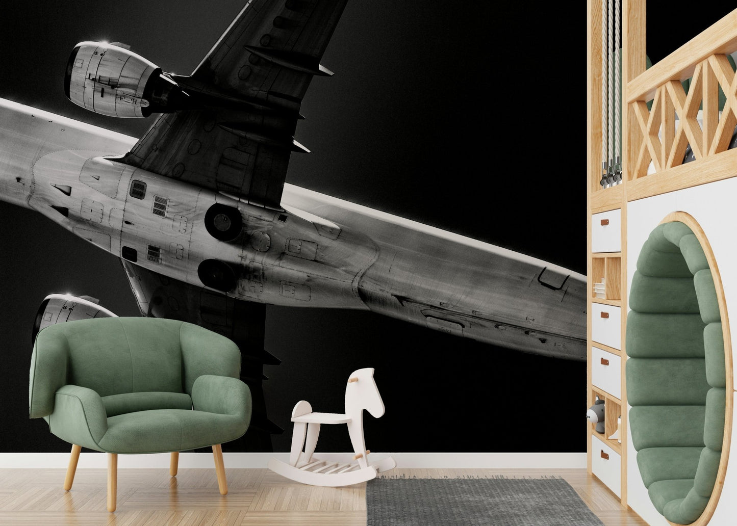 Sleek engine housings shine below the aircraft in this Overhead wall mural GD4942

