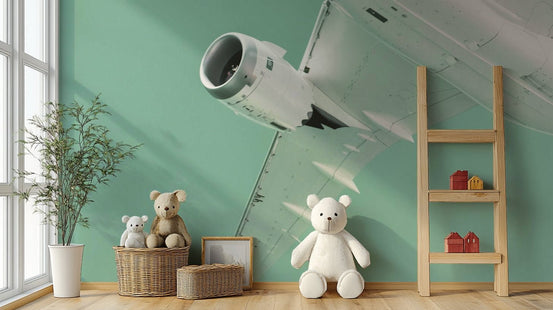 Jet engine hangs below a white wing in this Overhead X wall mural GD4797
