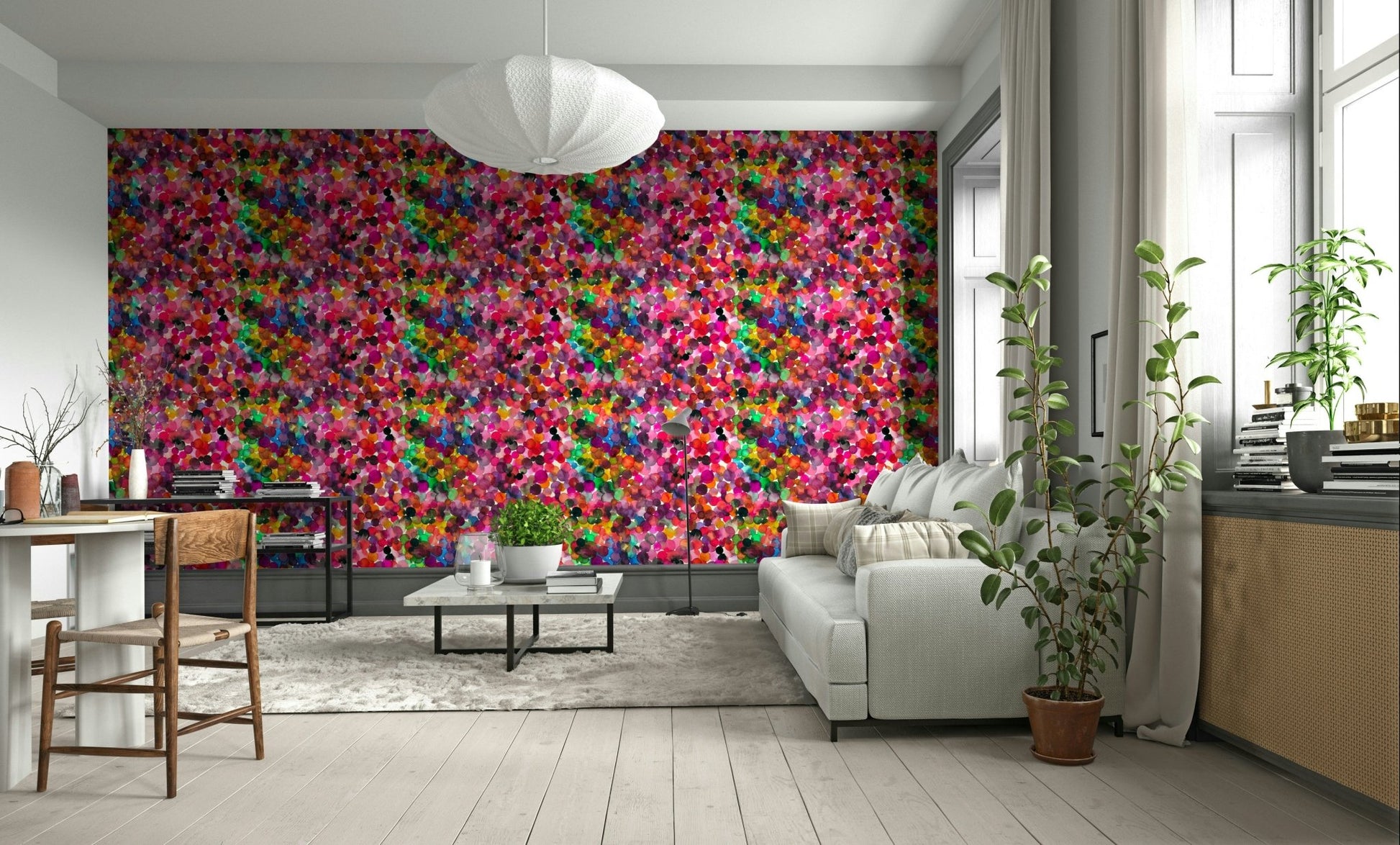 Subtle watercolor dots wallpaper in living room

