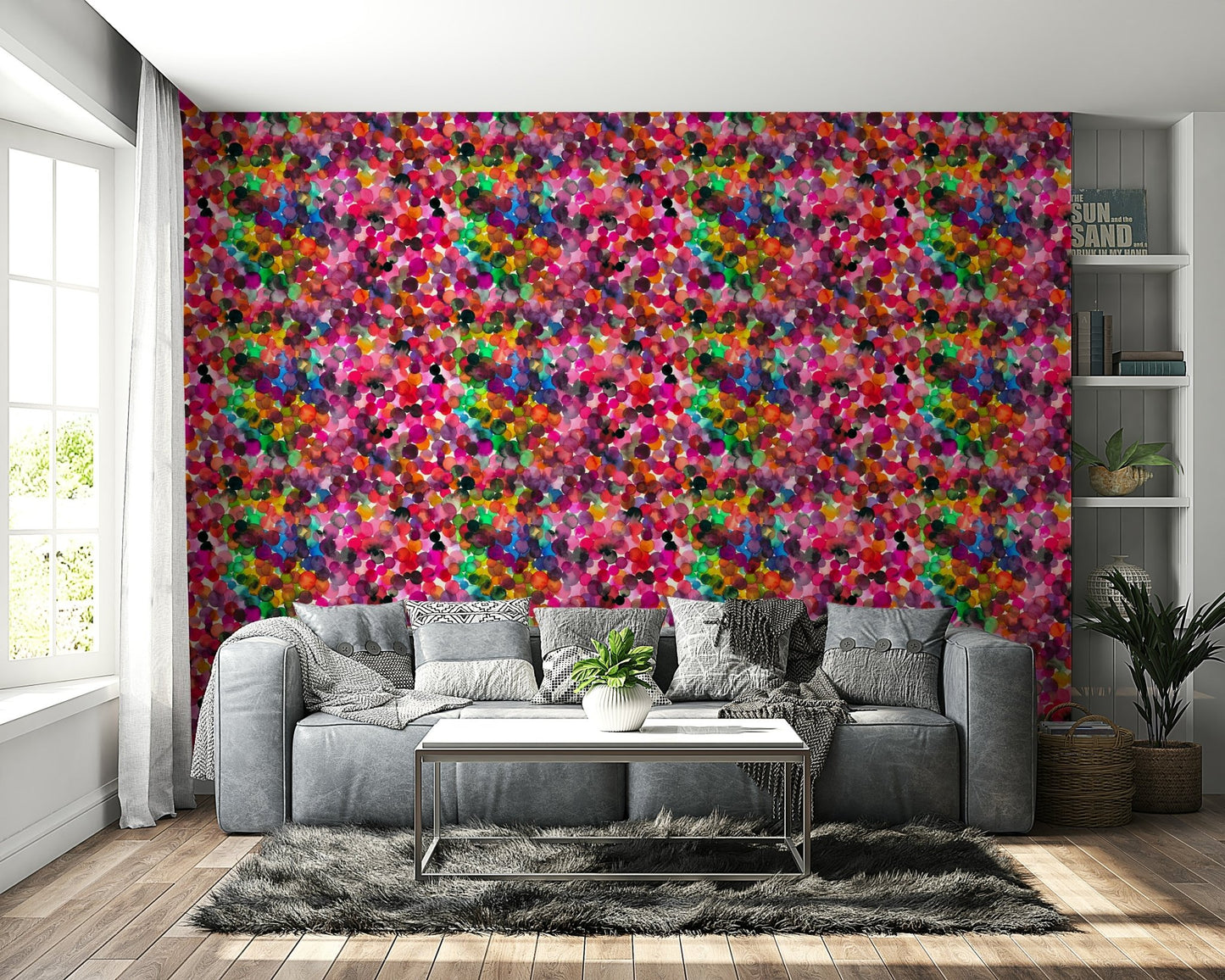 Soft watercolor dots wall mural design close-up

