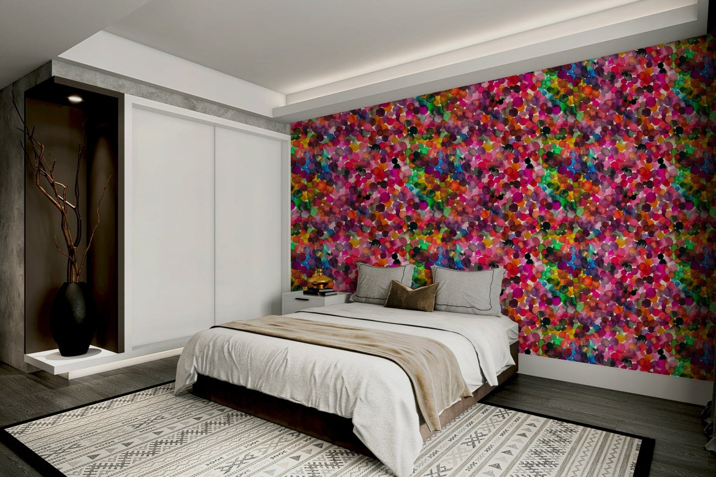 Watercolor art dots wallpaper in bedroom space

