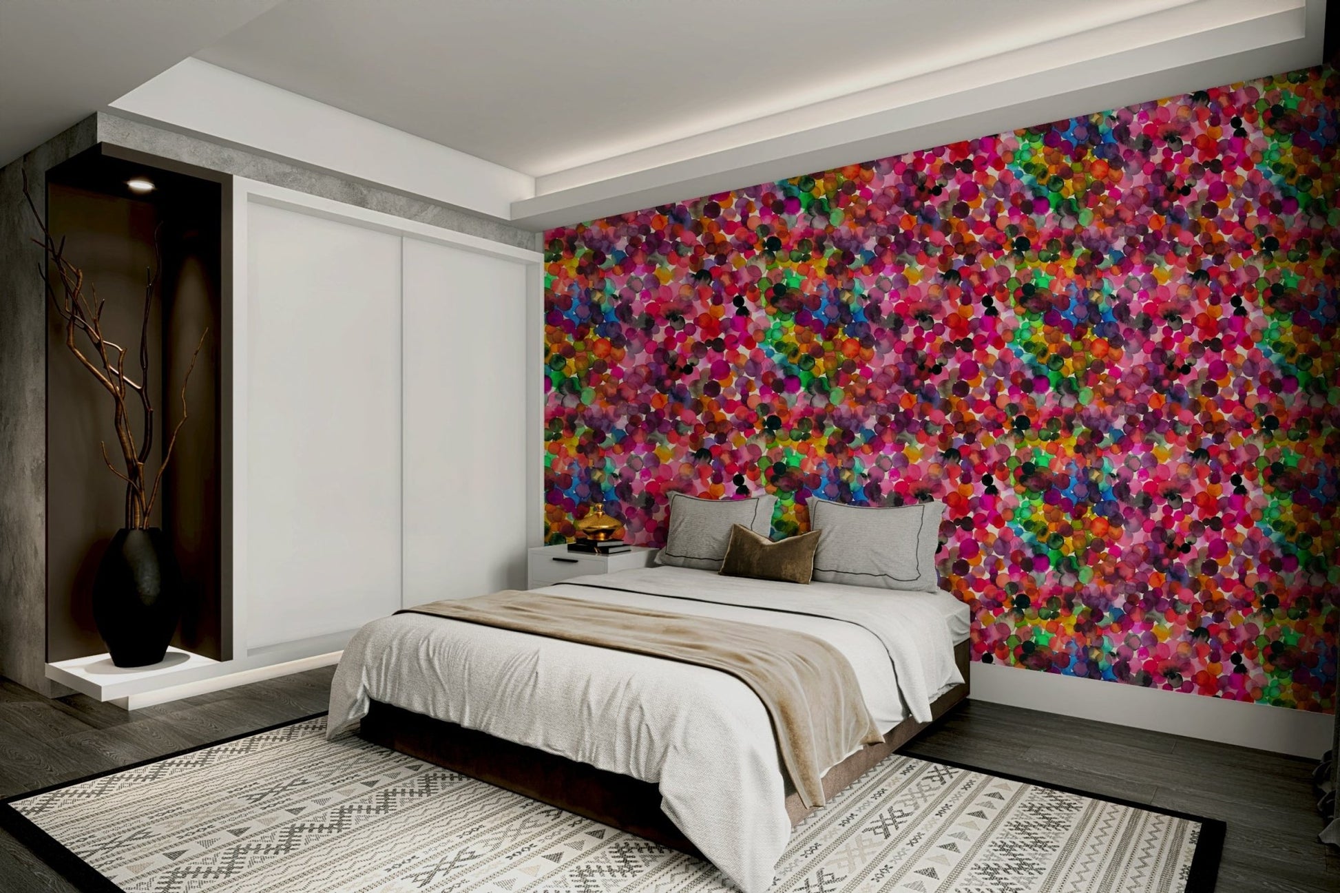 Watercolor art dots wallpaper in bedroom space

