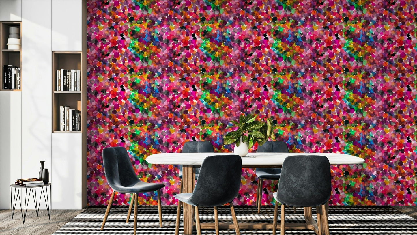 Overlapped watercolor art dots wallpaper on wall

