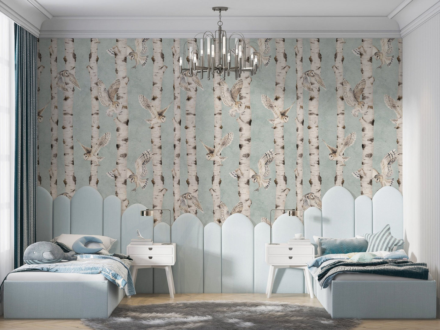 Whimsical owls in a birch forest scene

