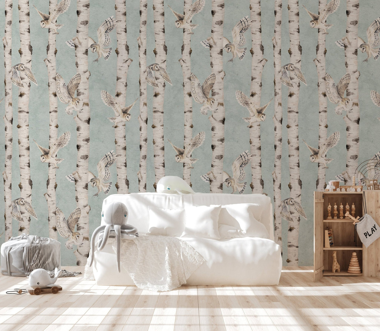 Owl birch forest wallpaper in soft blue
