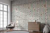 Birch tree wallpaper with flying owls
