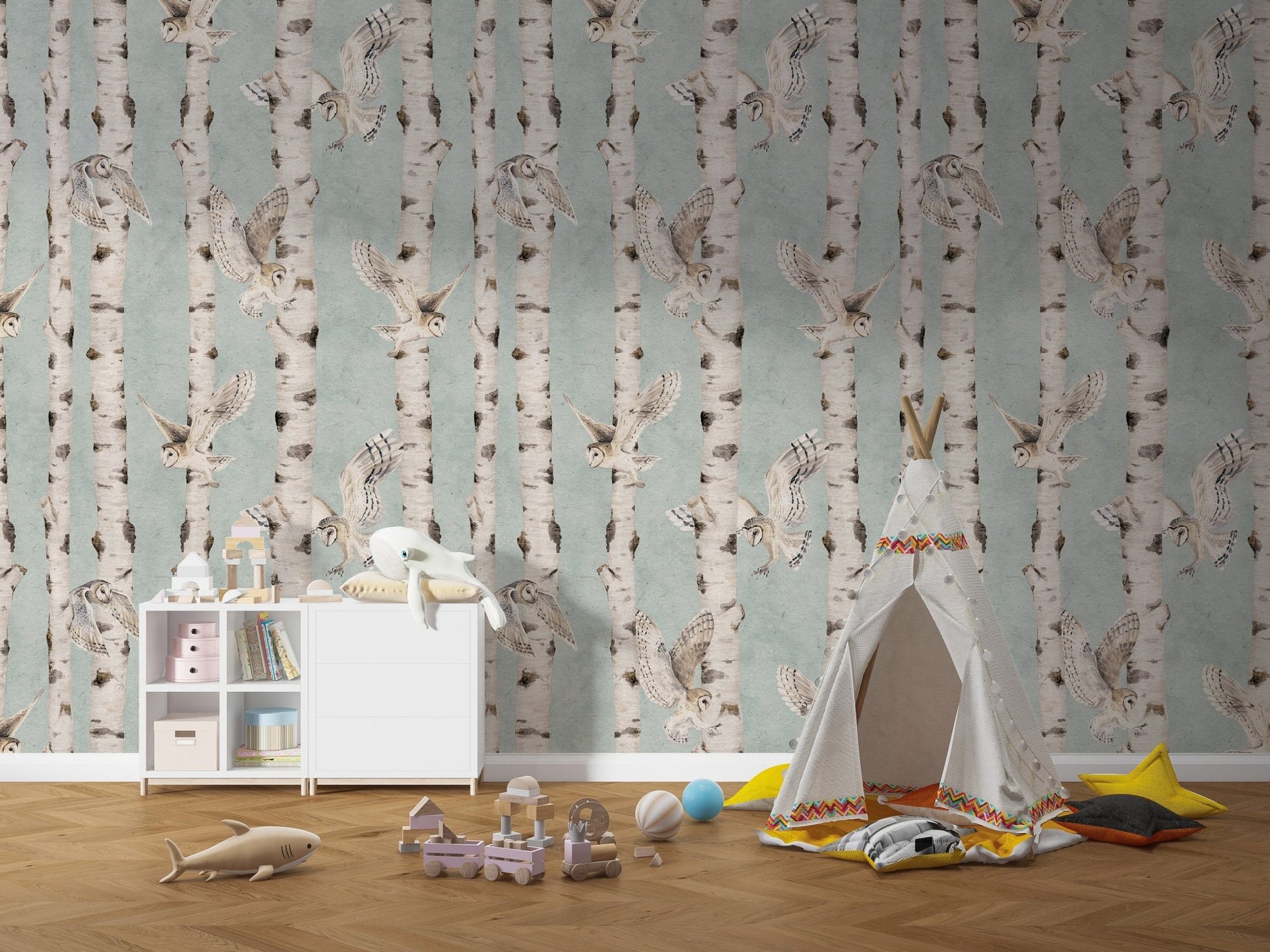 Scandinavian owl and birch tree mural
