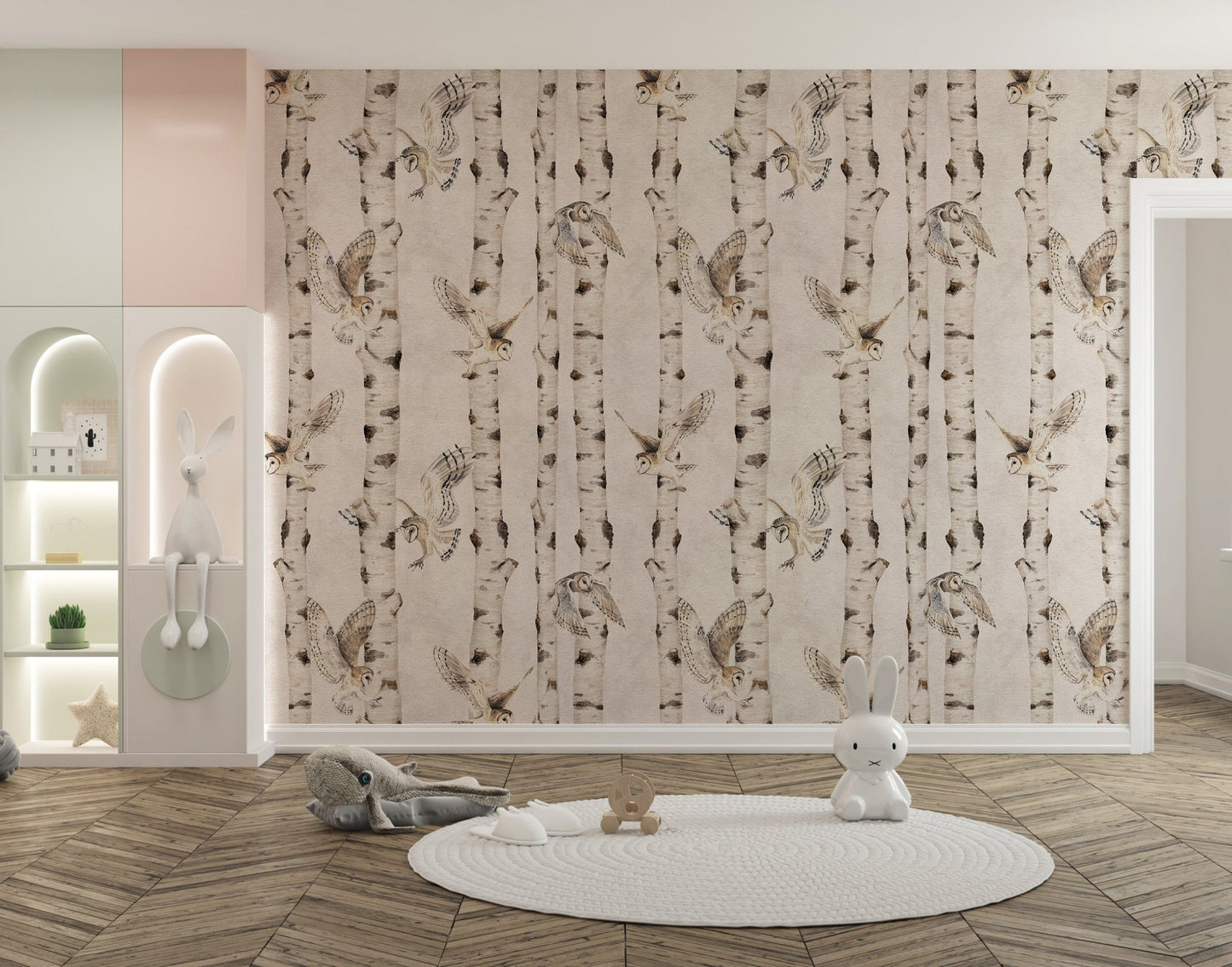 Birch tree wallpaper with flying owls
