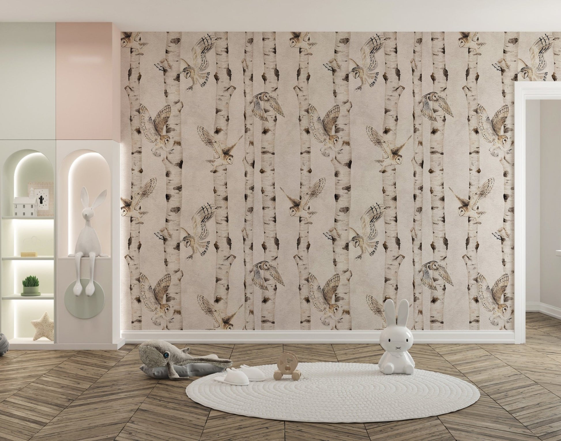 Birch tree wallpaper with flying owls
