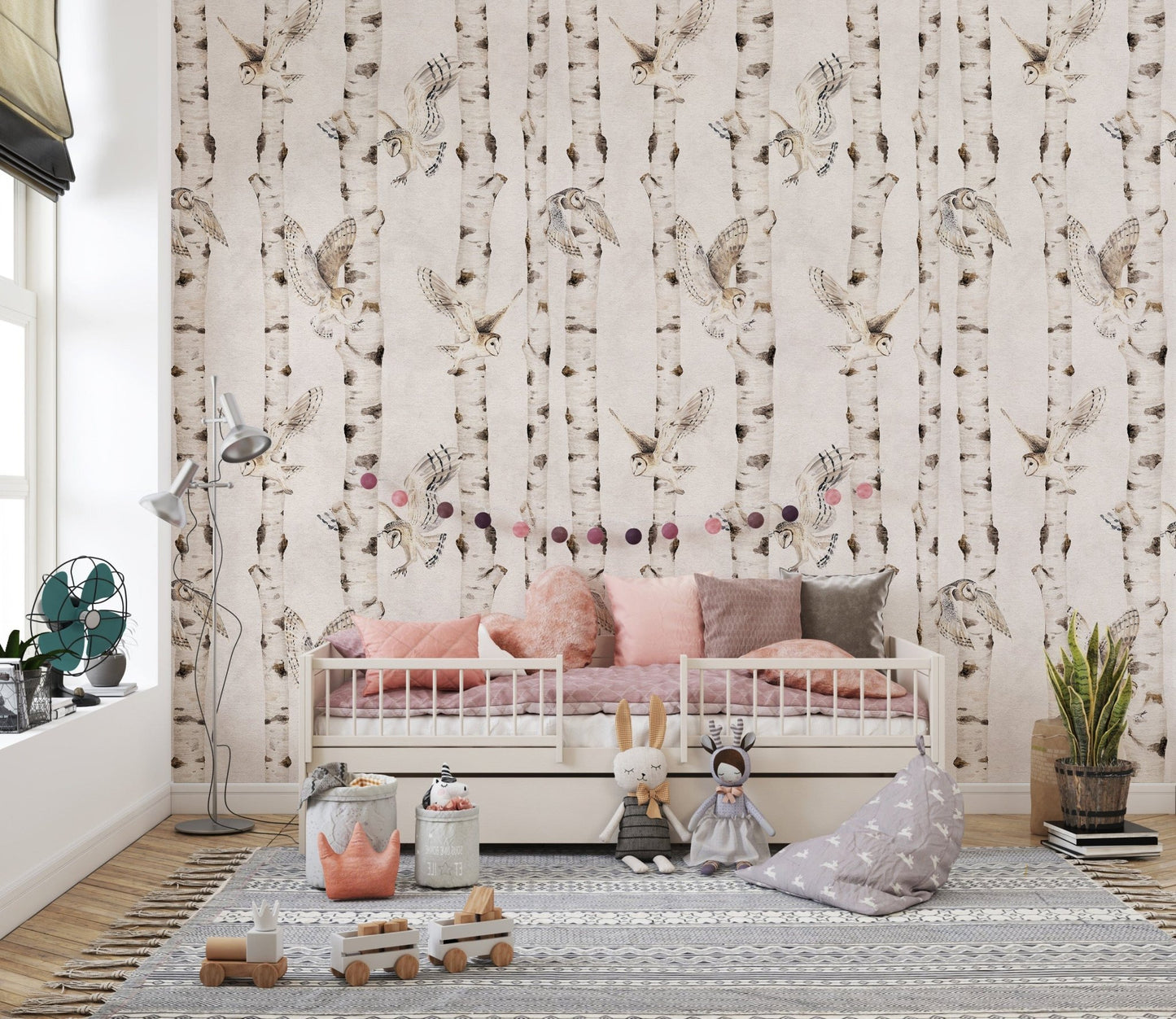 Cozy forest wallpaper with soaring owls
