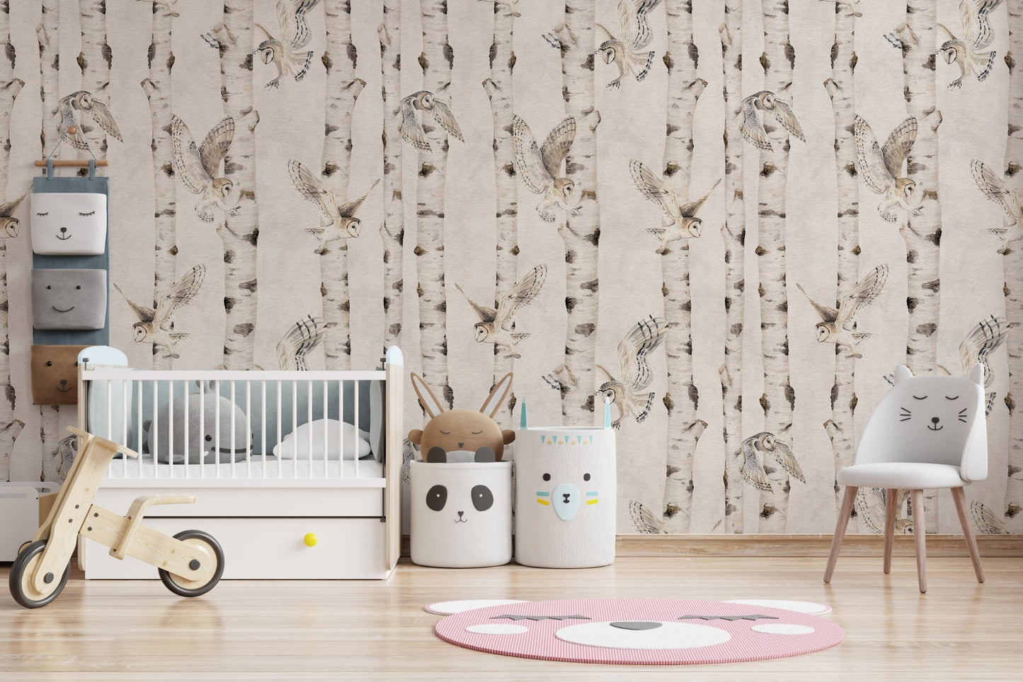 Scandinavian owl birch tree wall art
