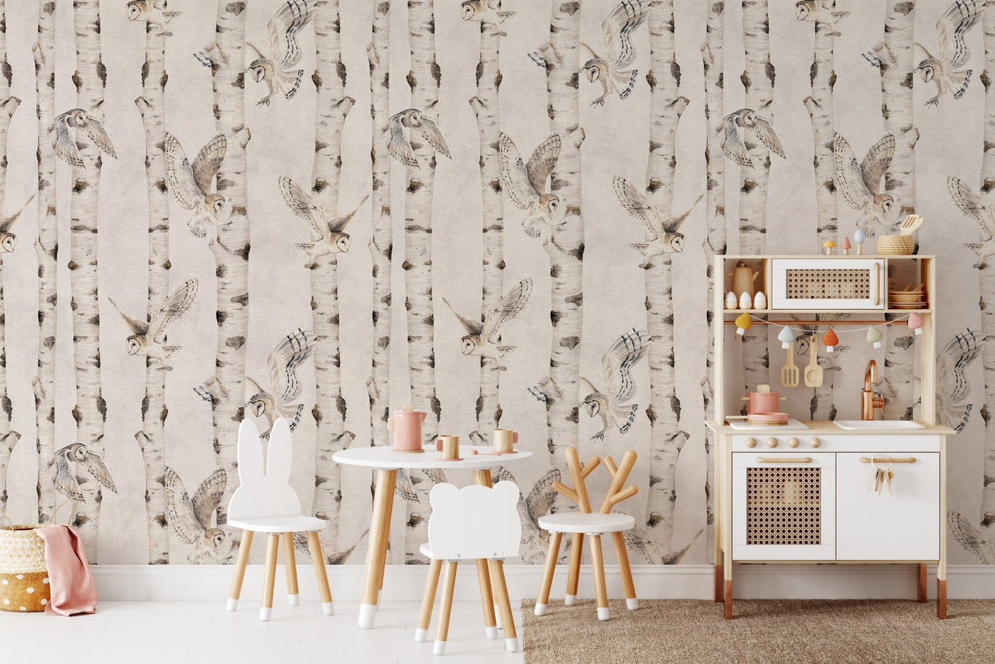 Rustic white birch tree wallpaper scene
