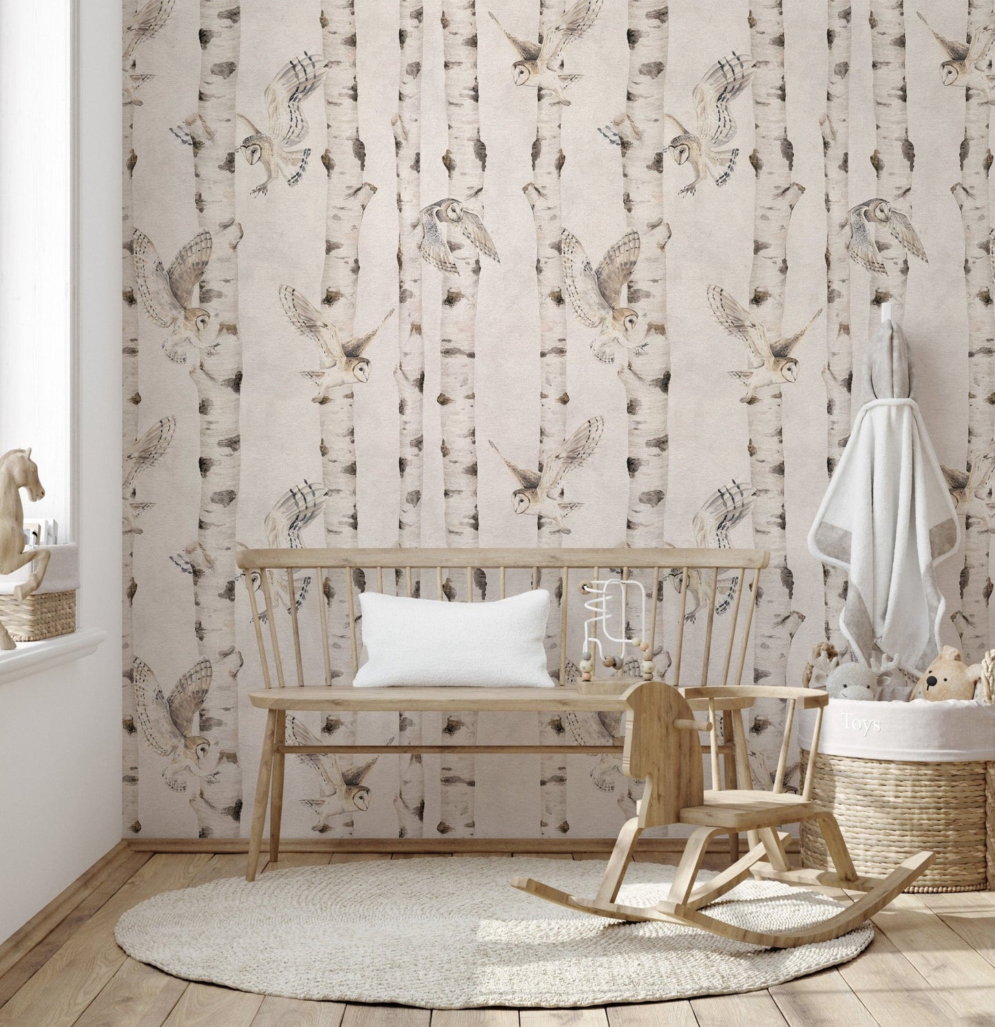 Nature-inspired owl and birch wallpaper
