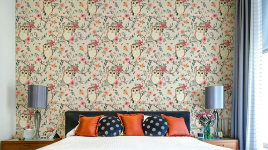 Cozy green and red owl wallpaper mural

