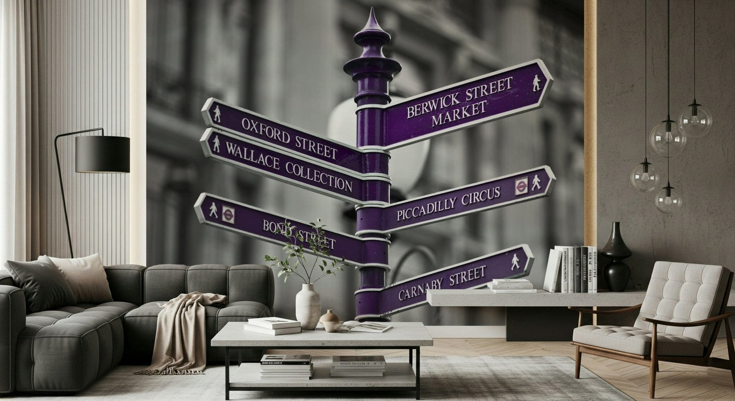 Black and white wallpaper mural featuring a London landmark sign.