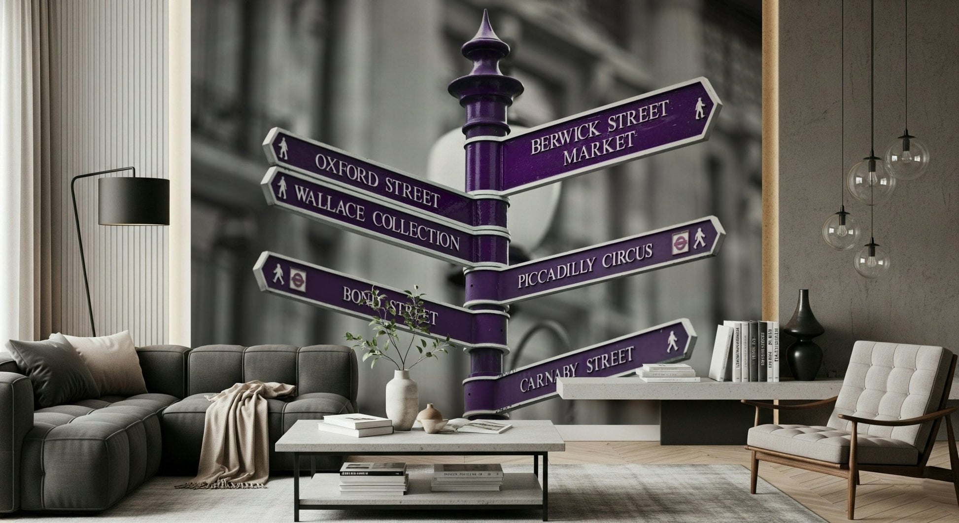 Black and white wallpaper mural featuring a London landmark sign.