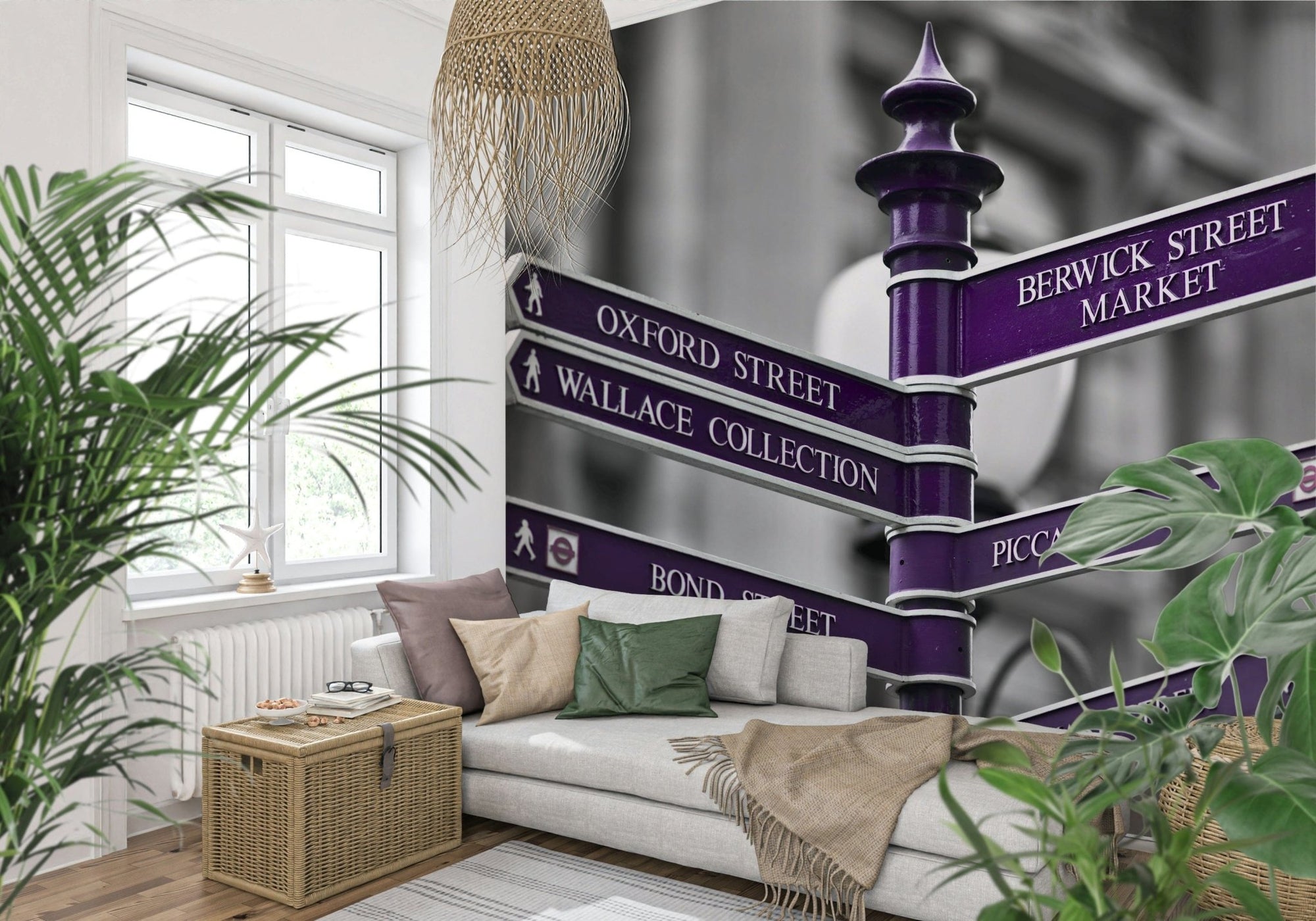Oxford Circus Sign street directional post in vivid purple wallpaper., GD6698