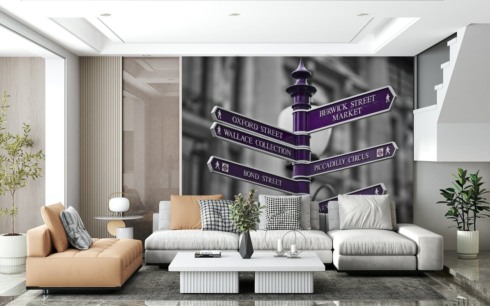 Vintage-style London street sign wall mural, deep purple accents.