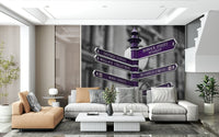 Vintage-style London street sign wall mural, deep purple accents.