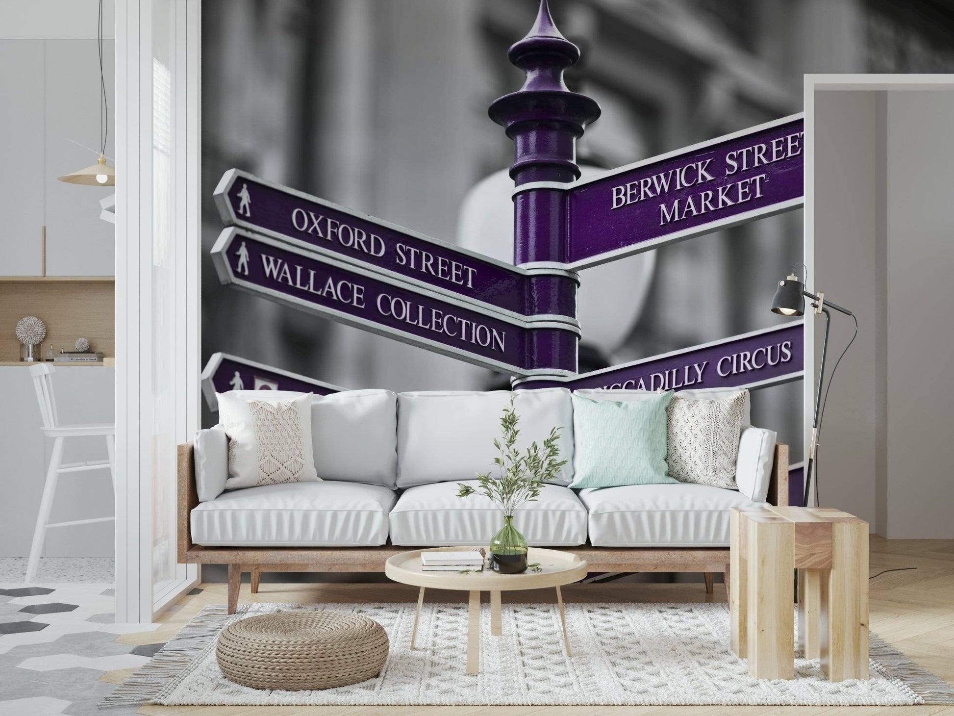 Monochrome backdrop with an emphasized, elegant purple London sign wall mural.