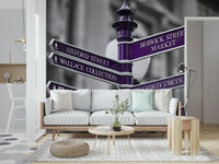 Monochrome backdrop with an emphasized, elegant purple London sign wall mural.