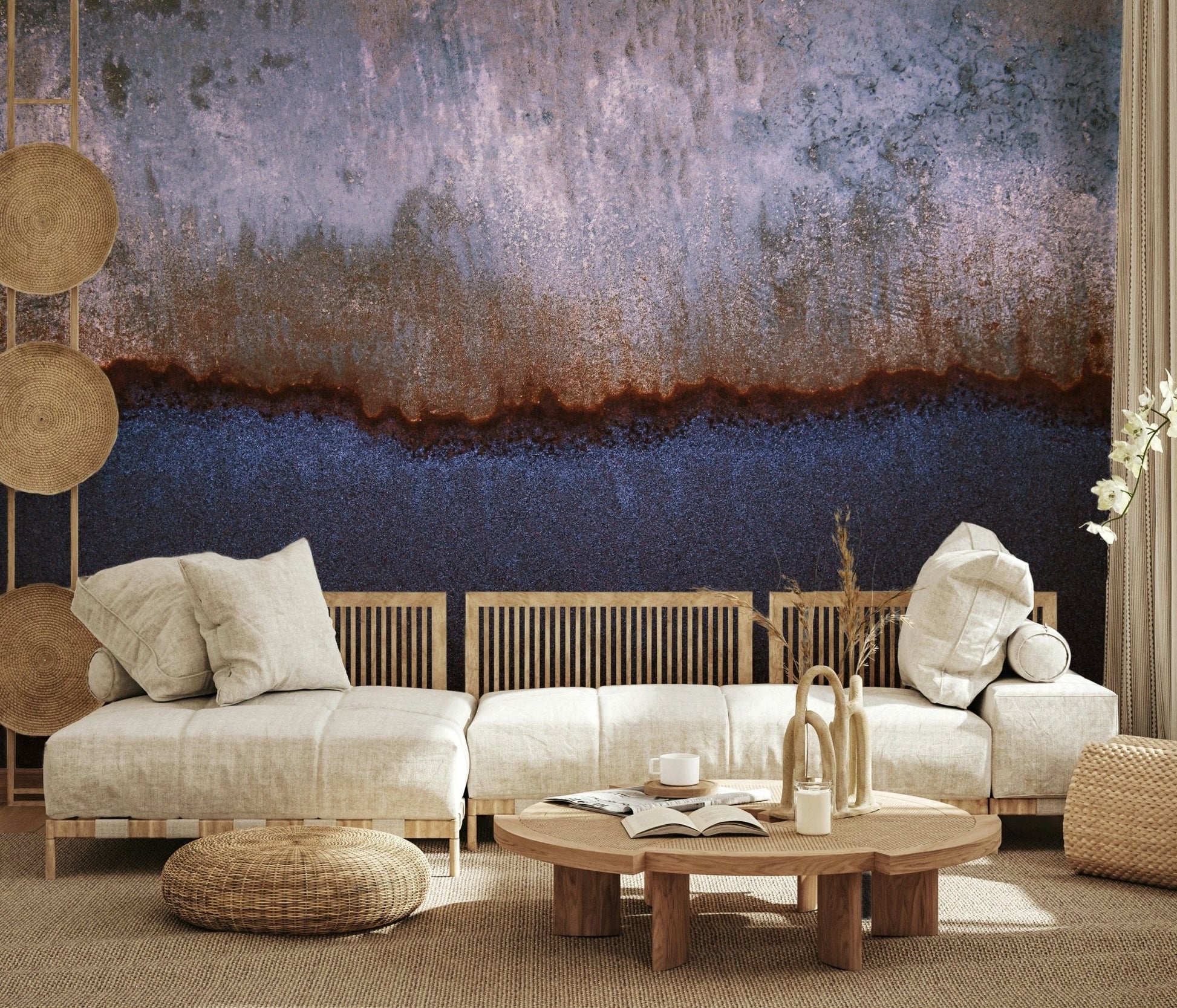 Stylish dining room using Oxidized Horizon Wall Mural aged metal look.
