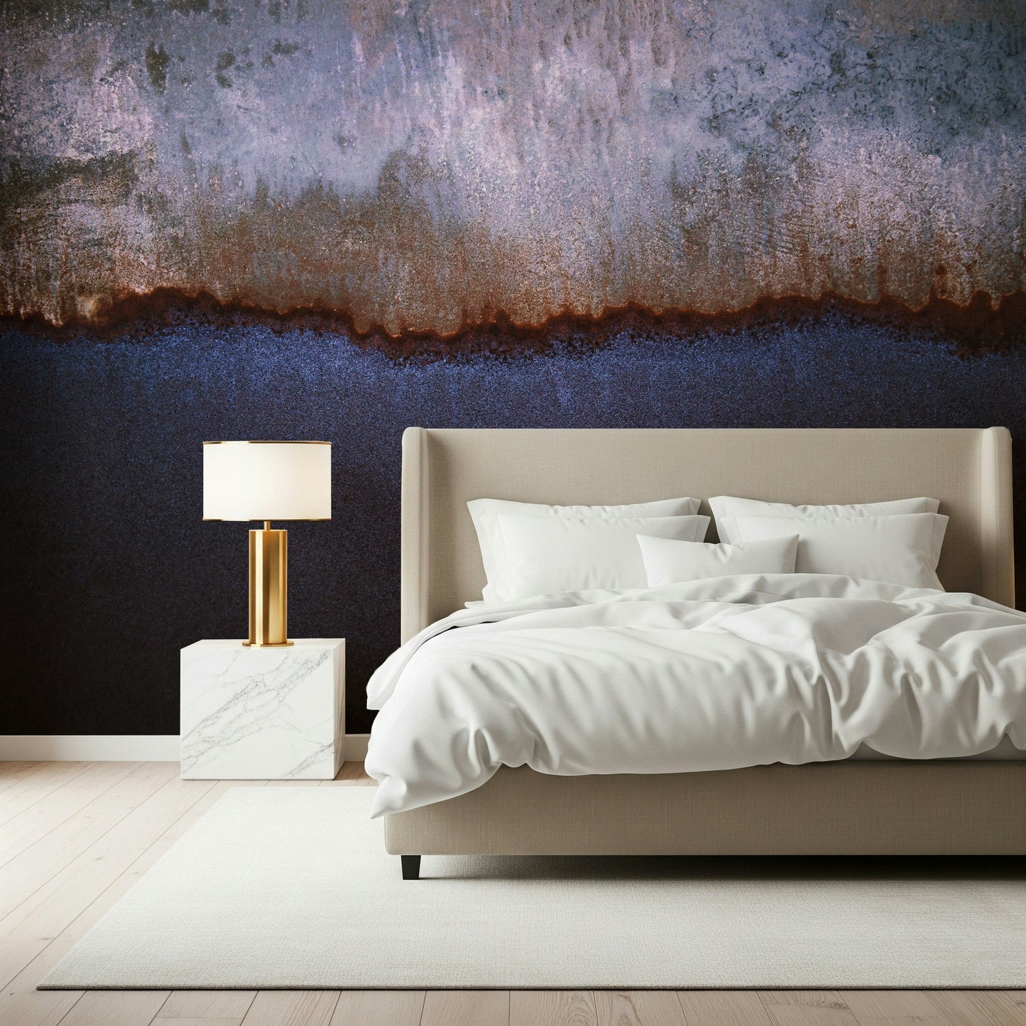 Living room design with the dramatic Oxidized Horizon Wall Mural.