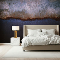 Living room design with the dramatic Oxidized Horizon Wall Mural.