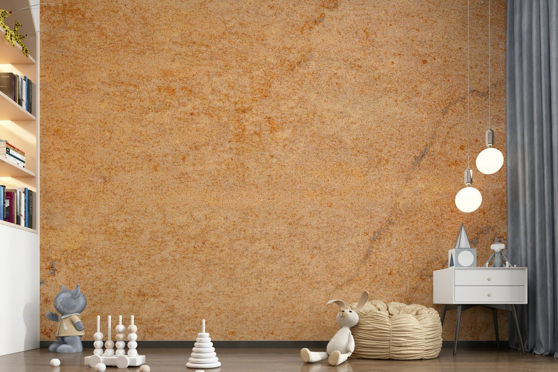 Corner view of a bedroom with the peel and stick wallpaper installation., GD6183
