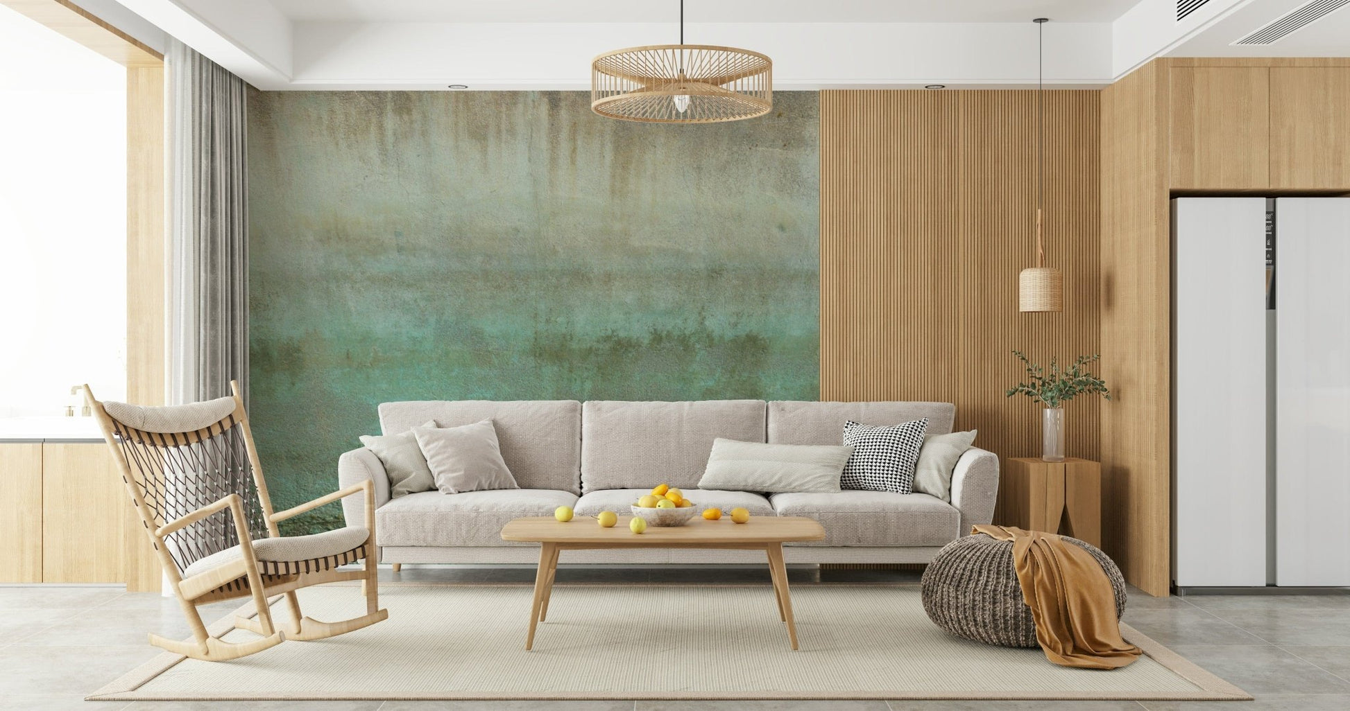 Oxidized Wall Art wall mural with blue-green verdigris texture.